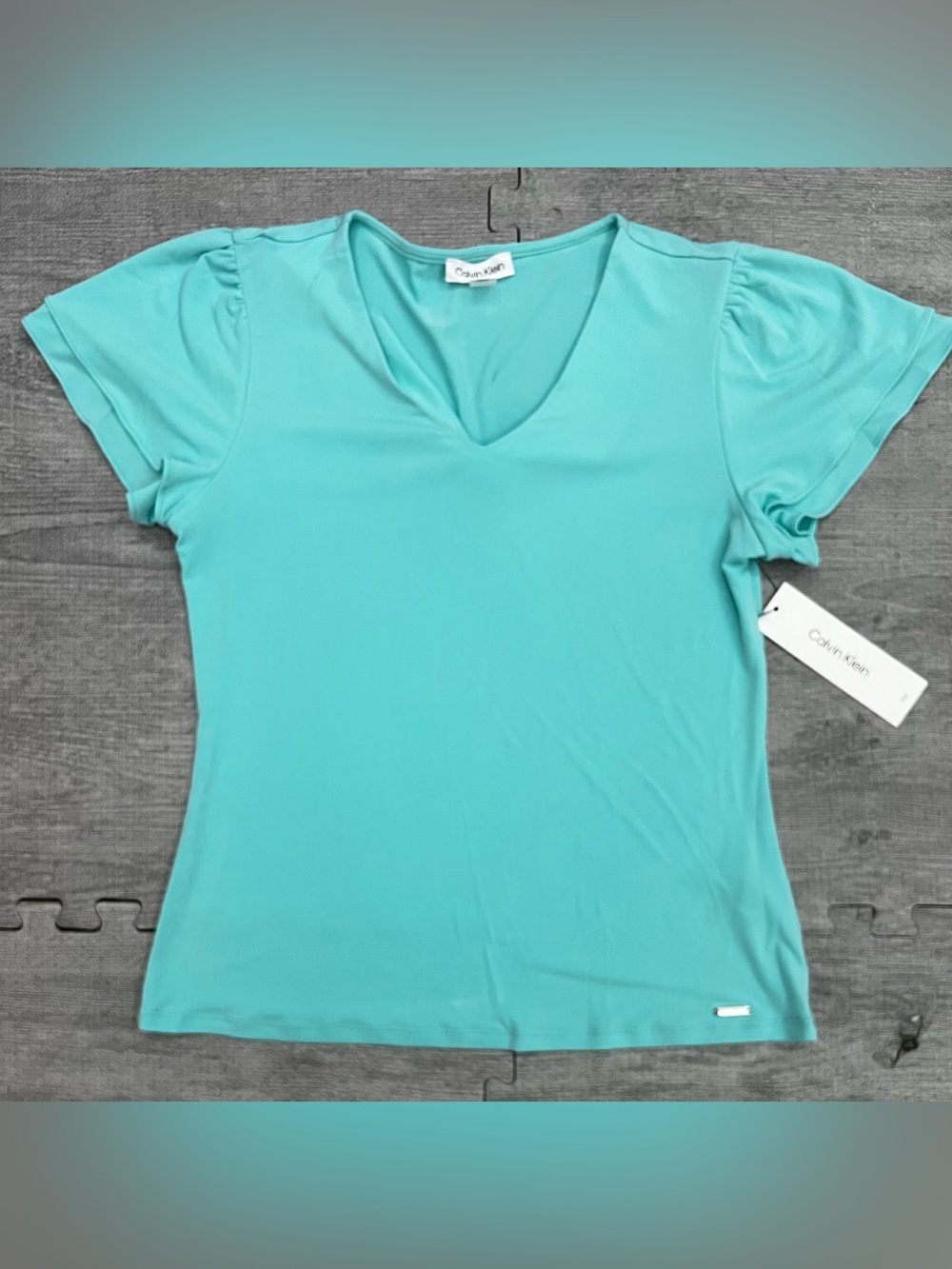Calvin Klein Turquoise Solid V-Neck Short Sleeve Logo Pullover Blouse S